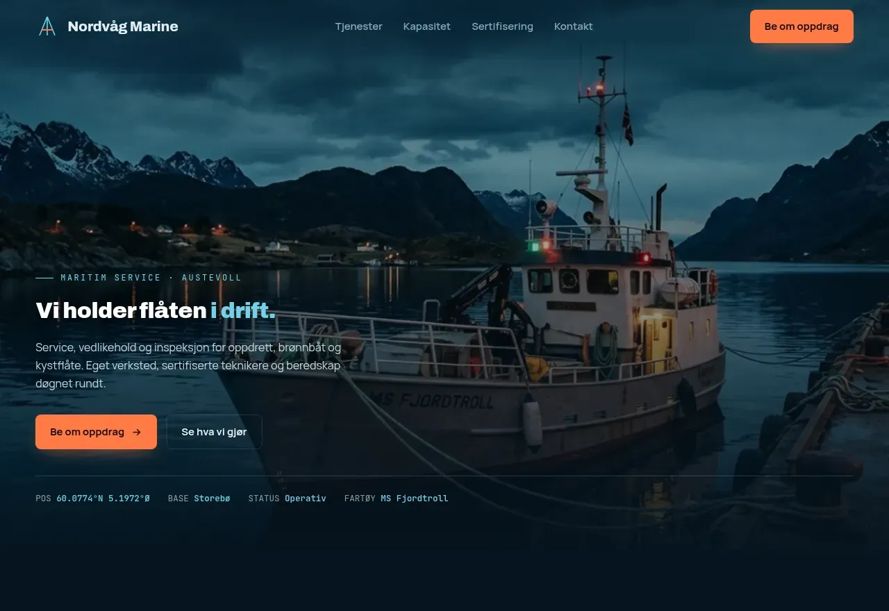 Skjermbilde av nettsiden til Nordvåg Marine AS